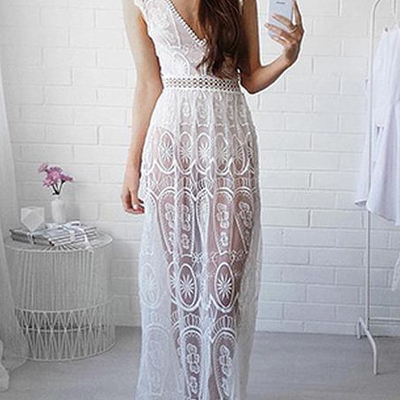 Shop for Selection Dresses & Skirts - White Plunge Open Back Sleeveless Lace Maxi Boho
